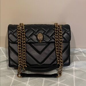 Kurt Geiger Black Quilted Shoulder Bag with Gold Hardware classic bird design.